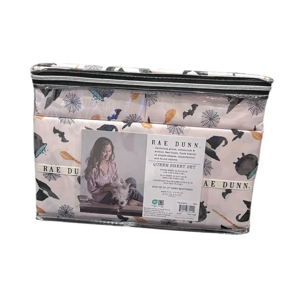 Rae Dun 4 pc QUEEN Pink Halloween Sheet Set Cauldron Wicked Witch Hat Broom NEW
